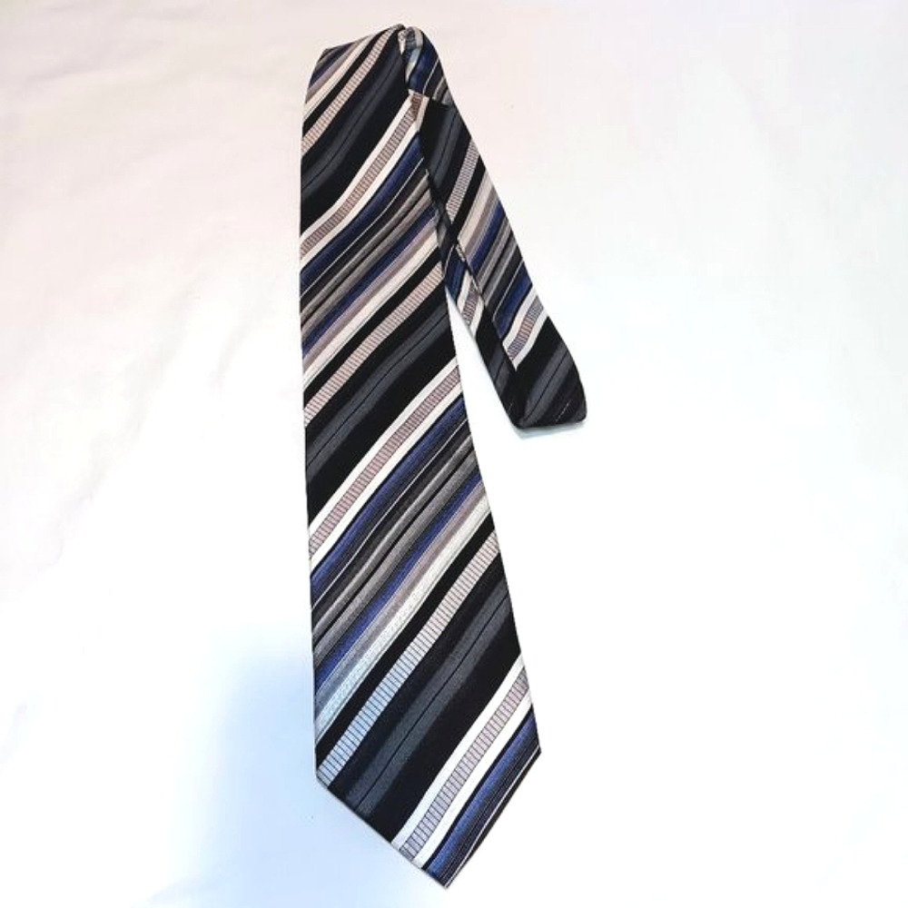 NWOT Bellissimo Men's 100% Silk Tie Grey Blue Striped